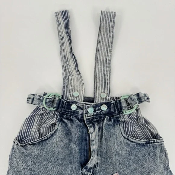 80sVintage Denim Overalls Kids 3T Acid Wash Happy Kids Embroidered Bows Cuffs - Picture 2 of 11